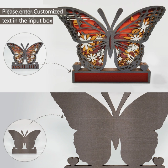 Customized Text Monarch Butterfly 3D Wooden Carving Light Suitable for Mother's Day Anniversary Gift